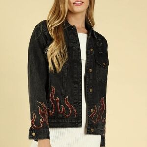 Honey Punch Distressed Dark Gray Denim Jacket Rhinestone Flame Details, Sz Small